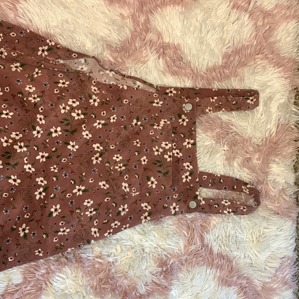 pink, floral, overall dress, worn a few times <3